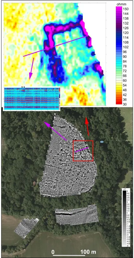 Figure 1. Prague-Vinoř, district Prague 9. Combination of aerial photograph of the site from 2010 and results of magnetometric, geoelectric resistivity survey and GPR measurement inside of hillfort (source of aerial photo: www.kontaminace.cenia.cz; total s