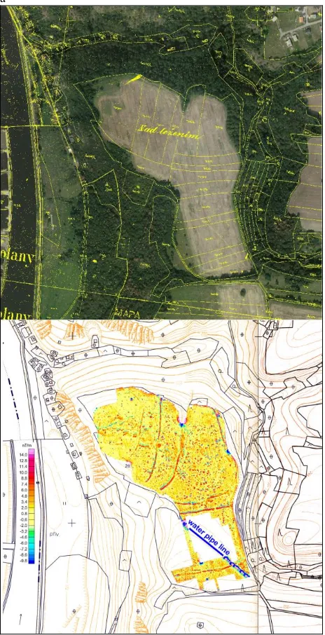 Figure 4. Zlončice, district Mělník. Comparison of aerial photograph of promontory from 2010 in combination with data of the land register (from the middle of 19th century) and result of magnetometric survey (source of aerial photograph: www.kontaminace.ce