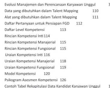 Tabel 2.1.   Evolusi Manajemen dan Perencanaan Karyawan Unggul  31 Tabel 4.1   Data yang dibutuhkan dalam Talent Mapping  110 Tabel 4.2   Alat yang dibutuhkan dalam Talent Mapping  111 Tabel	4.3		 Daftar	Pertanyaan	untuk	Persiapan	FGD	 112