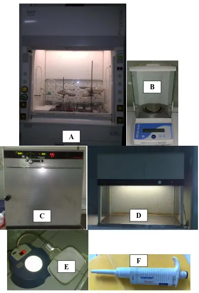 Gambar 6.  (A) dan (D) Laminar Air Flow Cabinet; (B)Neraca Analitis; (C) Inkubator; (E) Colony Counter; (F) pipet volumetrik  