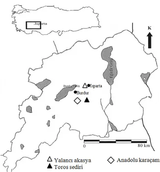 Şekil  1.  Isparta  Orman  Bölge  Müdürlüğünde  örnek  alanların  alındığı  yerler 