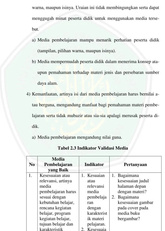 Tabel 2.3 Indikator Validasi Media 