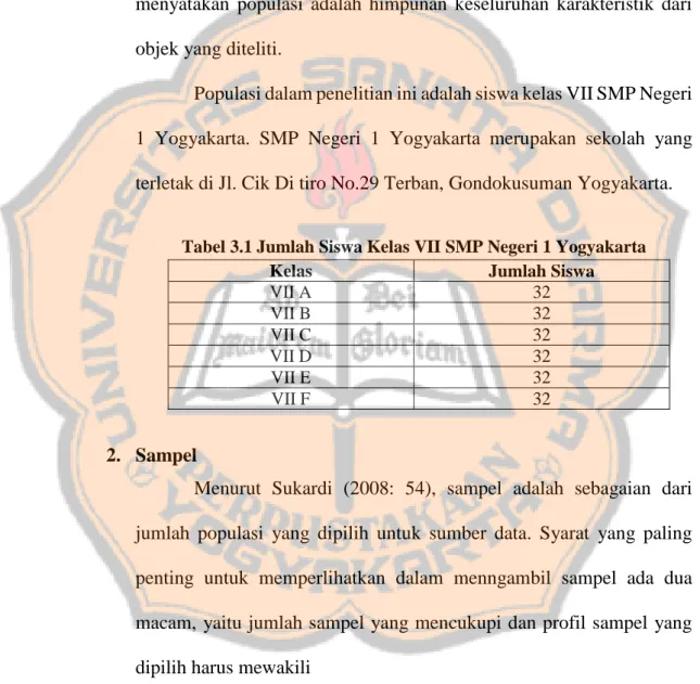 Tabel 3.1 Jumlah Siswa Kelas VII SMP Negeri 1 Yogyakarta 