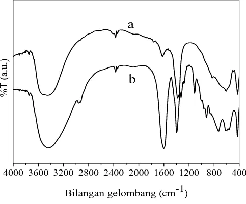 Gambar 2. Spektra IR (a)  hidrotalsit Zn-Al-NO3 dan (b) hidrotalsit Zn-Al-EDTA.