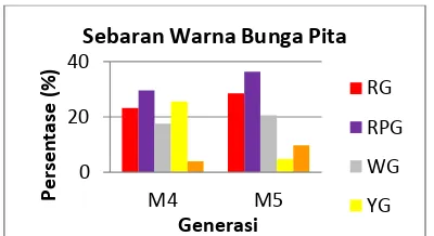 Gambar 3. Histogram persentase sebaran warna bunga pita generasi M4  dan M5 