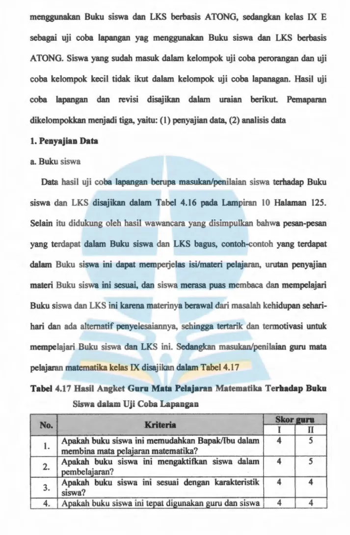 Tabel 4.17 Basil Angket Guru Mata Pelajaran Matematika Terhadap Buku  Siswa dalam Uji Coba Lapangan 