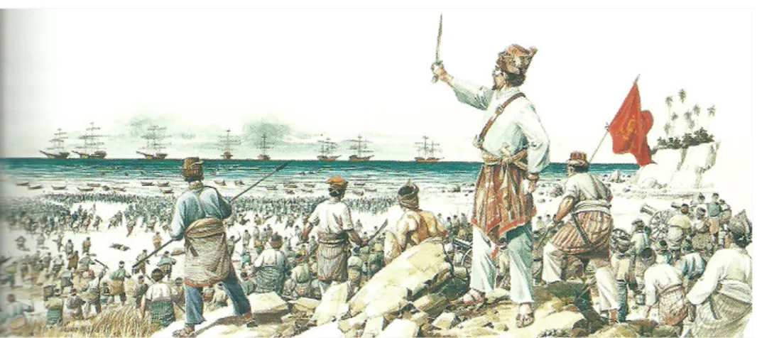 Gambar di atas menunjukkan ilustrasi yang berkaitan dengan Perang Aceh,  Perang Sabil, perang yang sangat lama dalam melawan kezaliman dan  kekejaman pemerintah kolonial Hindia Belanda
