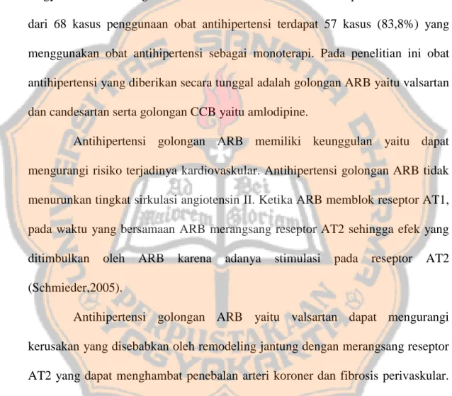 Tabel  VI  menunjukan  gambaran  penggunaan  obat  antihipertensi  di  Instalasi  Rawat  Inap  Bangsal  Bakung  Rumah  Sakit  Panembahan  Senopati  Bantul  Yogyakarta Periode Agustus 2015