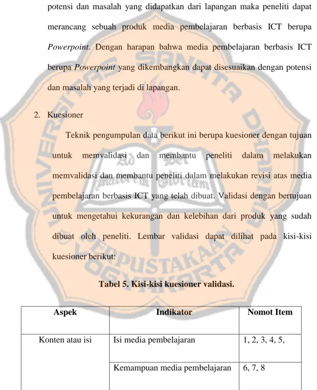 Tabel 5. Kisi-kisi kuesioner validasi. 