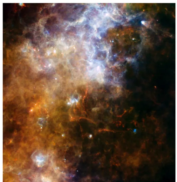 Gambar S.1 — Citra gabungan berwarna pada lima panjang gelombang berbeda yang diambil oleh instrumen Pho- Pho-todetector Array Camera and Spectrometer (PACS) dan Spectral and Photometric Imaging Receiver (SPIRE) pada Teleskop Antariksa Herschel