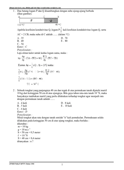 1. Dua Batang Logam P Dan Q Disambungkan Dengan Suhu Ujung-ujung ...