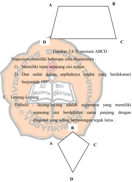 Gambar 2.6 Trapesium ABCD Trapesium memiliki beberapa sifat diantaranya :