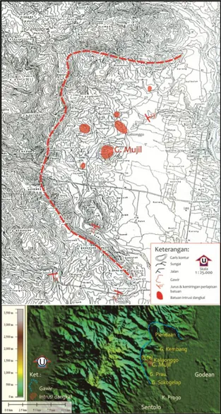 Gambar 7.Lokasi keberadaan batuan intrusi  dangkal dan pengukuran struktur geologi  (atas), dan hasil analisis bentang alam (bawah)