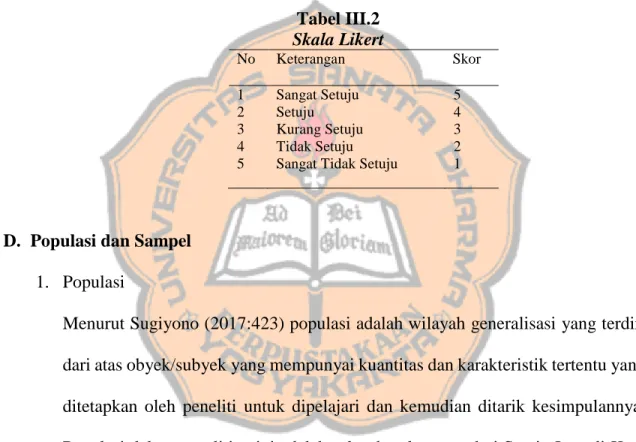 Tabel III.2  Skala Likert  No  Keterangan  Skor  1  2  3  4  5  Sangat Setuju Setuju  Kurang Setuju Tidak Setuju  Sangat Tidak Setuju 