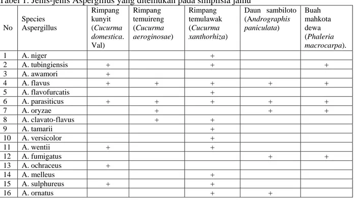Tabel 1. Jenis-jenis Aspergillus yang ditemukan pada simplisia jamu