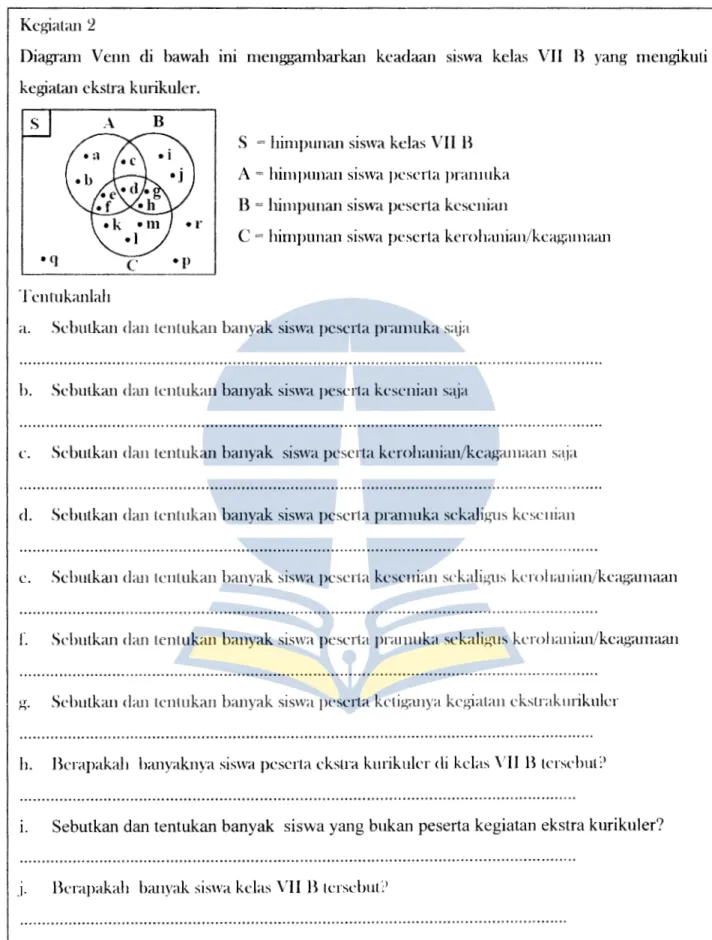 Diagram  Venn  di  bawah  1111  menggambarkan  kcadaan  siswa  kelas  VII  B  yang  mengikuli  kegiatan ckslra kurikulcr