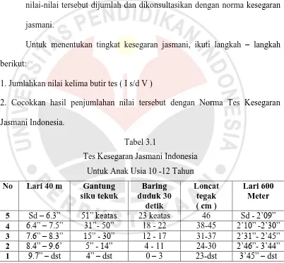 Tabel 3.1 Tes Kesegaran Jasmani Indonesia 