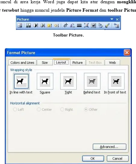 gambar tersebut hingga muncul jendela Picture Format dan toolbar Picture.