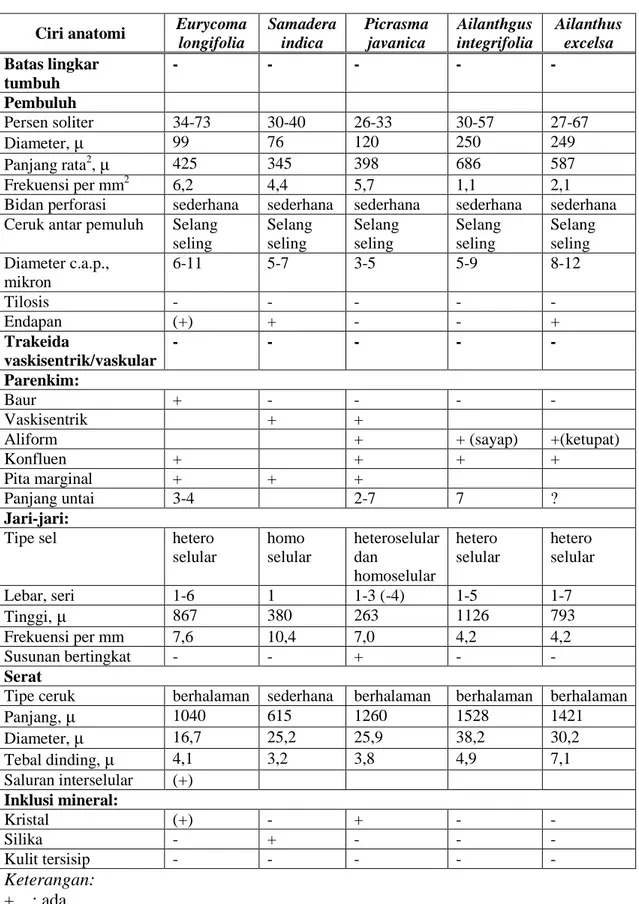 Tabel  3. Perbandingan anatomi beberapa jenis kayu berkhasiat obat  Ciri anatomi  Eurycoma 