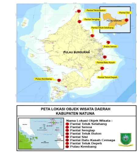 Gambar 5.1  Peta Lokasi Objek Wisata Bahari Daerah Kabupaten Natuna  Selain  itu  juga  ada  data  dari  Dinas  Kelautan  dan  Perikanan  Kabupaten  Natuna tentang lokasi terumbu karang yang sesuai bagi pengembangan pariwisata  bahari  di  Kabupaten  Natun
