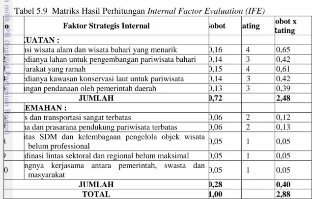 Tabel 5.9  Matriks Hasil Perhitungan Internal Factor Evaluation (IFE) 