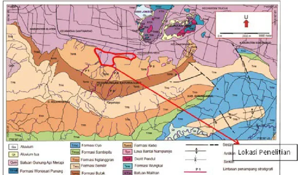 Gambar 1. Peta geologi Pegunungan Baturagung, Perbukitan Jiwo dan wilayah di sekitarnya (Surono, 2008) 