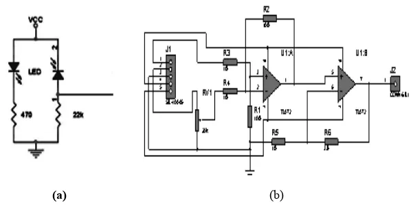 Gambar 5. (a) Rangkaian sensor kekeruhan dan (b) rangkaian pengkondisian sinyal  sensor kekeruhan 