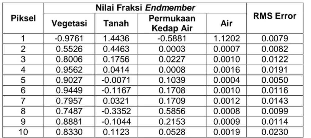Tabel 1. Nilai Fraksi setiap endmember  hasil klasifikasi LSMA  