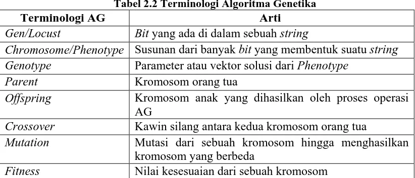 Tabel 2.2 Terminologi Algoritma Genetika  Arti  