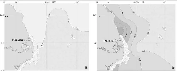 Gambar  5.  Distribusi  ammonia  di  lapisan permukaan (A) dan  10  m (B) di  perairan Belitung Timur, Oktober  2006.