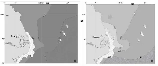 Gambar 8. Distribusi oksigen terlarut di lapisan permukaan (A) dan 10 m (B) di perairan Belitung  Timur, Oktober 2006.
