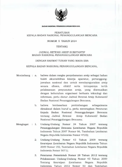 PERATURAN KEPALA BADAN NASIONAL PENANGGULANGAN BENCANA NOMOR 5 TAHUN ...