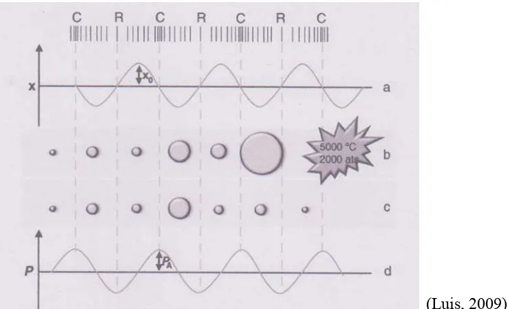 Gambar 2.2 (a) Pergeseran grafik (x); (b) Kavitasi Sementara; (c) Kavitasi Sementara; (d) Kavitasi Stabil; (d) Tekanan grafik (P) 
