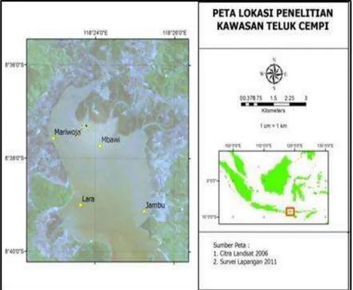 Gambar 1. Lokasi eksplorasi vegetasi mangrove di Teluk Cempi, NTB  Pengumpulan data dilakukan dengan pengukuran dan pengamatan langsung di  lapangan