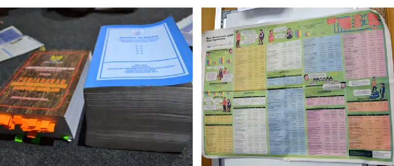 Gambar 5 dan 6.  Buku-buku tebal ini merupakan data anggaran dan  pembelanjaan  kota  Yogyakarta  yang  diterbitkan  dari  tahun  2012  hingga  2014,  yang divisualisasikan oleh IDEA ke dalam format surat kabar sehingga masyarakat  dapat lebih memahami untuk apa uang pajak mereka digunakan.