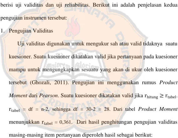 Tabel V.1  Hasil Uji Validitas 