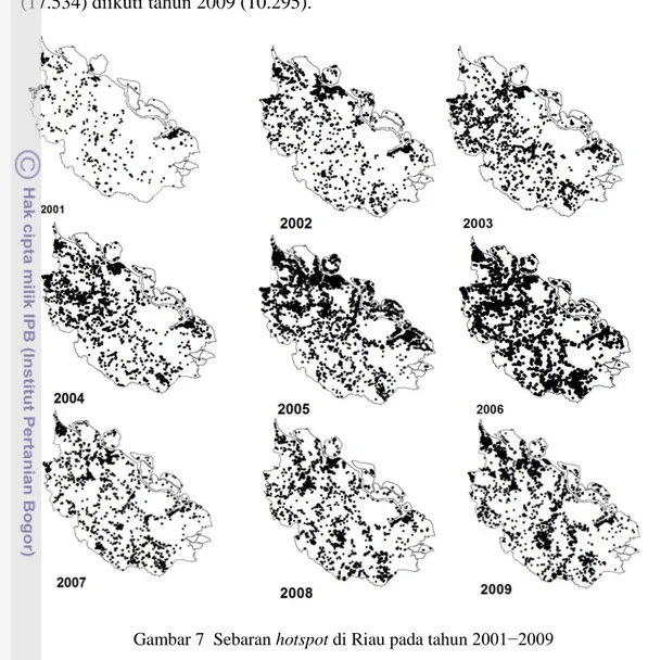 Gambar 7 menunjukkan bahwa hotspot terbanyak di Riau terjadi pada tahun 2005  (17.534) diikuti tahun 2009 (10.295)