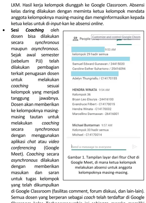 Gambar 1. Tampilan layar dari fitur Chat di  Google Meet, di mana ketua kelompok 