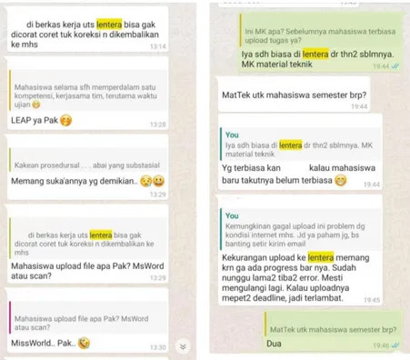 Gambar 1. Diskusi di grup Whatsapp dosen Prodi Teknik Mesin tentang penggunaan  Lentera untuk membuat soal-soal UTS 