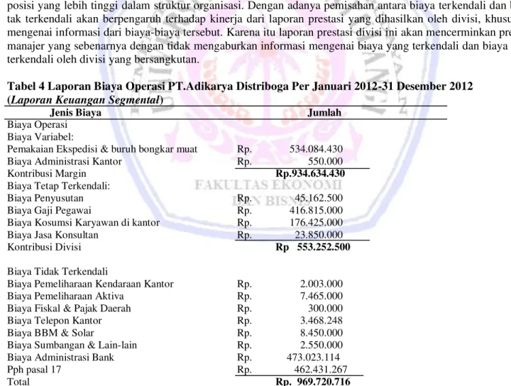 Tabel 4 Laporan Biaya Operasi PT.Adikarya Distriboga Per Januari 2012-31 Desember 2012  (Laporan Keuangan Segmental) 