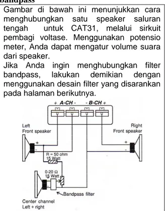 Gambar di bawah ini menunjukkan cara  menghubungkan satu speaker saluran  tengah  untuk CAT31, melalui sirkuit  pembagi voltase