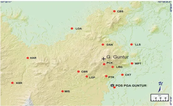 Gambar 2. Lokasi titik ukur GPS di Gunung Guntur dan sekitarnya.+ G. Guntur