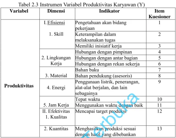 Tabel 2.3 Instrumen Variabel Produktivitas Karyawan (Y) 