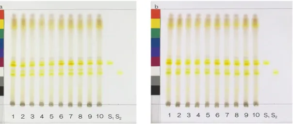 Fig. 1-3    TLC comparison of Glycyrrhiza (a) and Prepared Glycyrrhiza (b) (liquiritin)  Solvent system; ethyl acetate/methanol /water (20:3:2), detection; spraying 10% sulfuric  acid then heating at 105°C