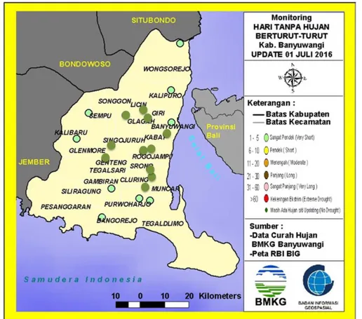 Gambar 13. Peta Monitoring Hari Tanpa Hujan berturut-turut Juni 2016 di Banyuwangi   (Sumber: BMKG Banyuwangi) 