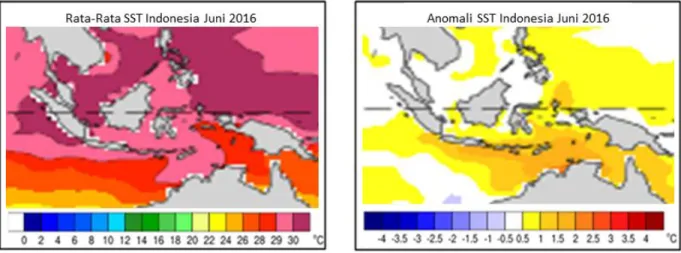 Gambar 6. Suhu Muka Laut Perairan Indonesia dan Anomalinya bulan Juni 2016 (sumber: NOAA) 