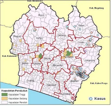 Gambar 1. Overlay Kejadian Malaria (Nov 2010-Maret 2011) dan              Kepadatan Per Desa Kab Purworejo Tahun 2010 