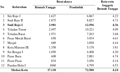 Tabel  6. Jumlah Rumah Tangga, Jumlah Penduduk, dan Rata-rata Anggota  Rumah Tangga di Kecamatan Medan Kota