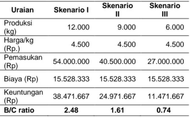 Tabel 3. Analisa B/C Ratio dengan ske- ske-nario perubahan produksi  