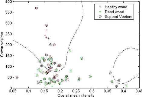 Figure 4. 2D feature space as an example to undergo SVM classification of discriminating between dead and living trees, the black lines indicate the SVM nonlinear decision boundaries  